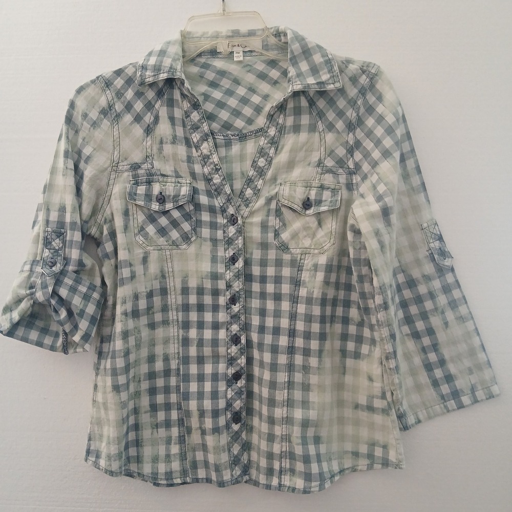 Eden&Olivia Lady Shirt Size PM Blue&WhitePlaid Washout Rollup3/4Sleeve  ButtonUp